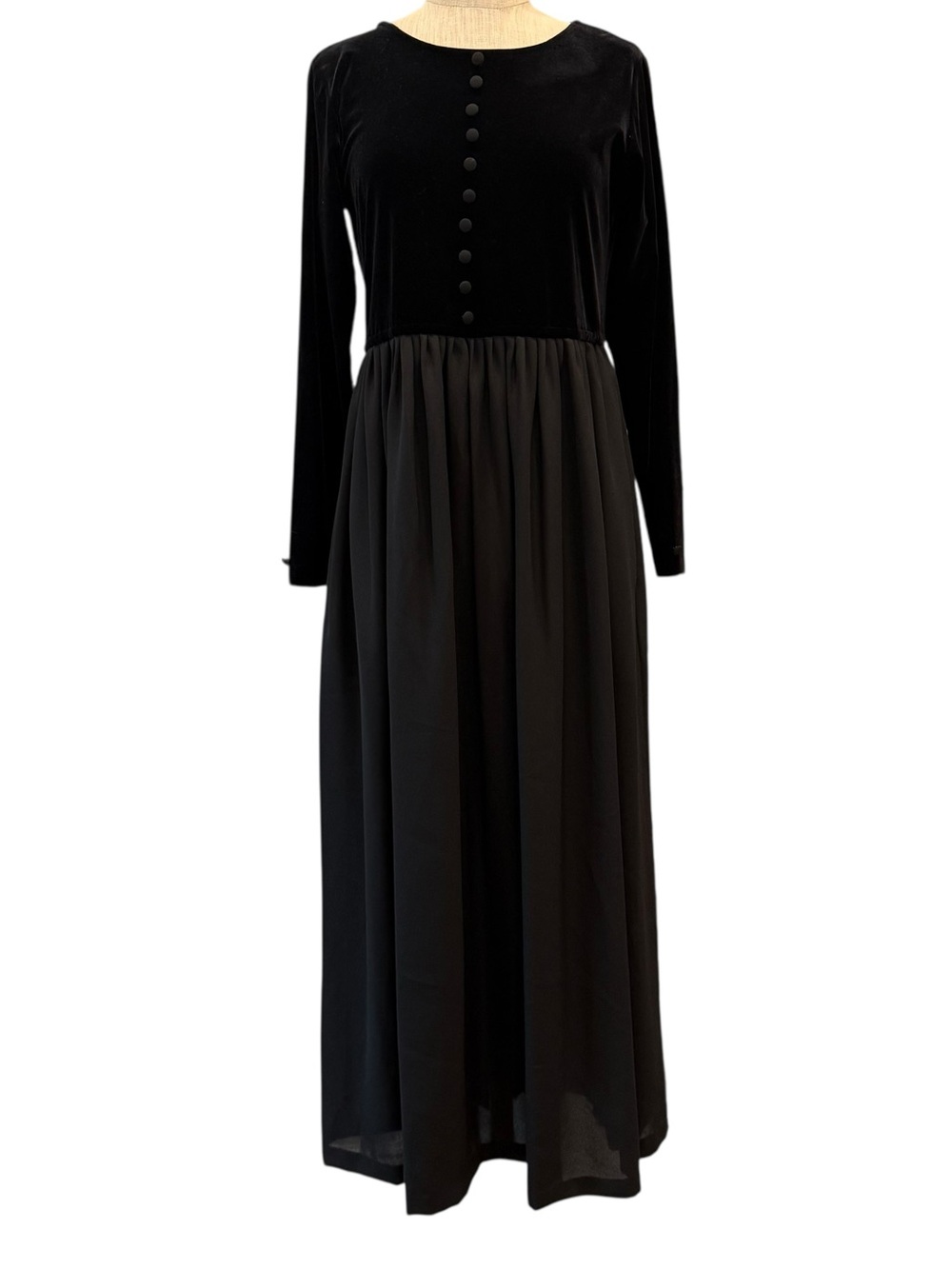 Vintage Union made Misty Lane gothic maxi dress velvet top faux buttons